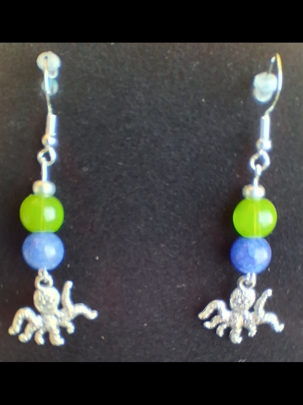 Hand Crafted Pierced Octopus Charm Bead Drop Earrings in Lime Green & Blue